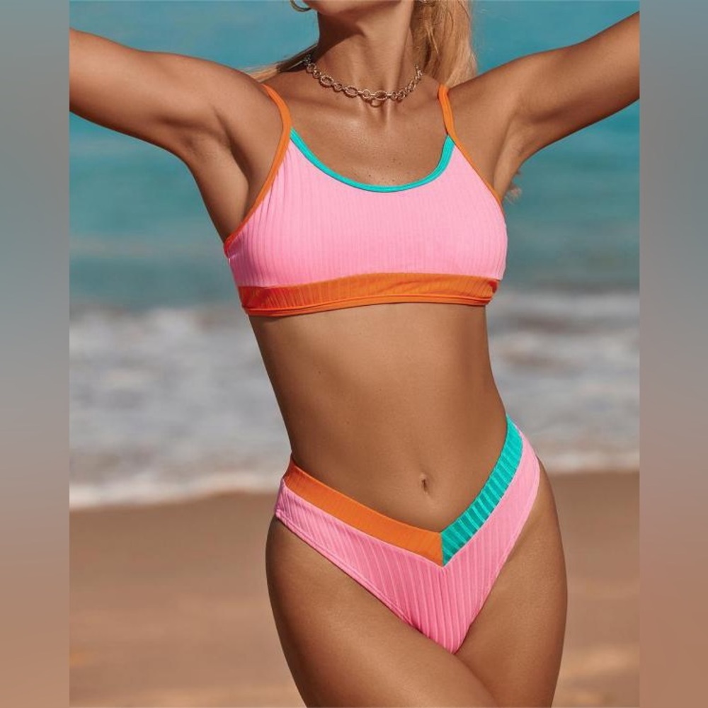 Ribbed Pink Patchwork Trim Tank Style Top V Waist Bottom Bikini Set Swimsuit